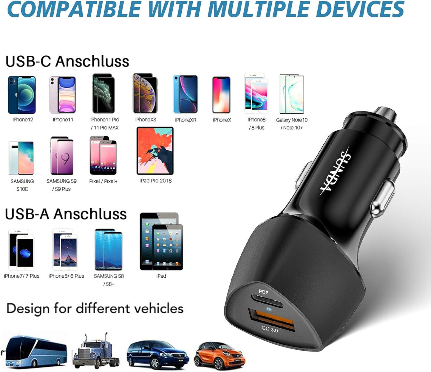 (10pack) SUNDA USB C Fast Car Charger 51W Dual Ports PD/PPS&QC3.0, Cell Phone Automobile Chargers, for Apple Smart-Phones and Android Car Charger, Compatible with iPhone 16/15 Pro/14 Mini/iPhone 13