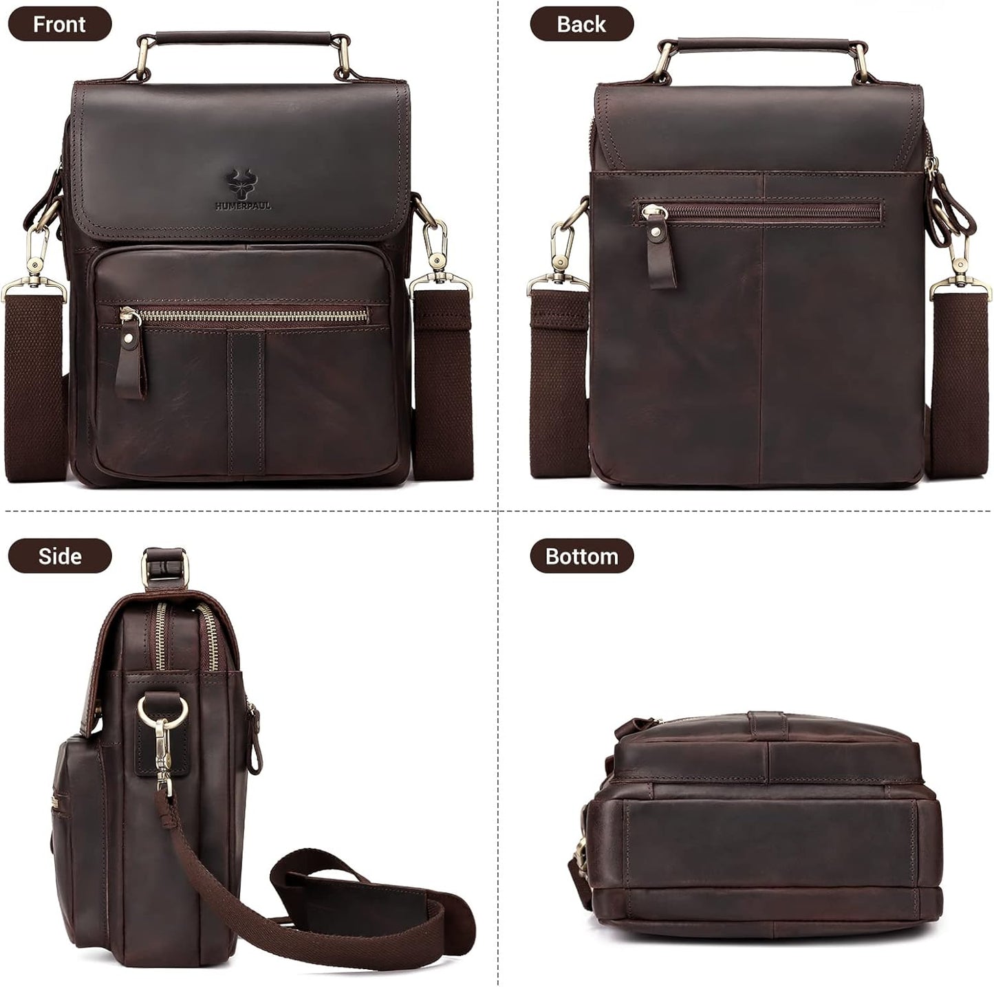 Leather Messenger Bag for Men, Shoulder Crossbody Bag with Adjustable Straps for Work Business