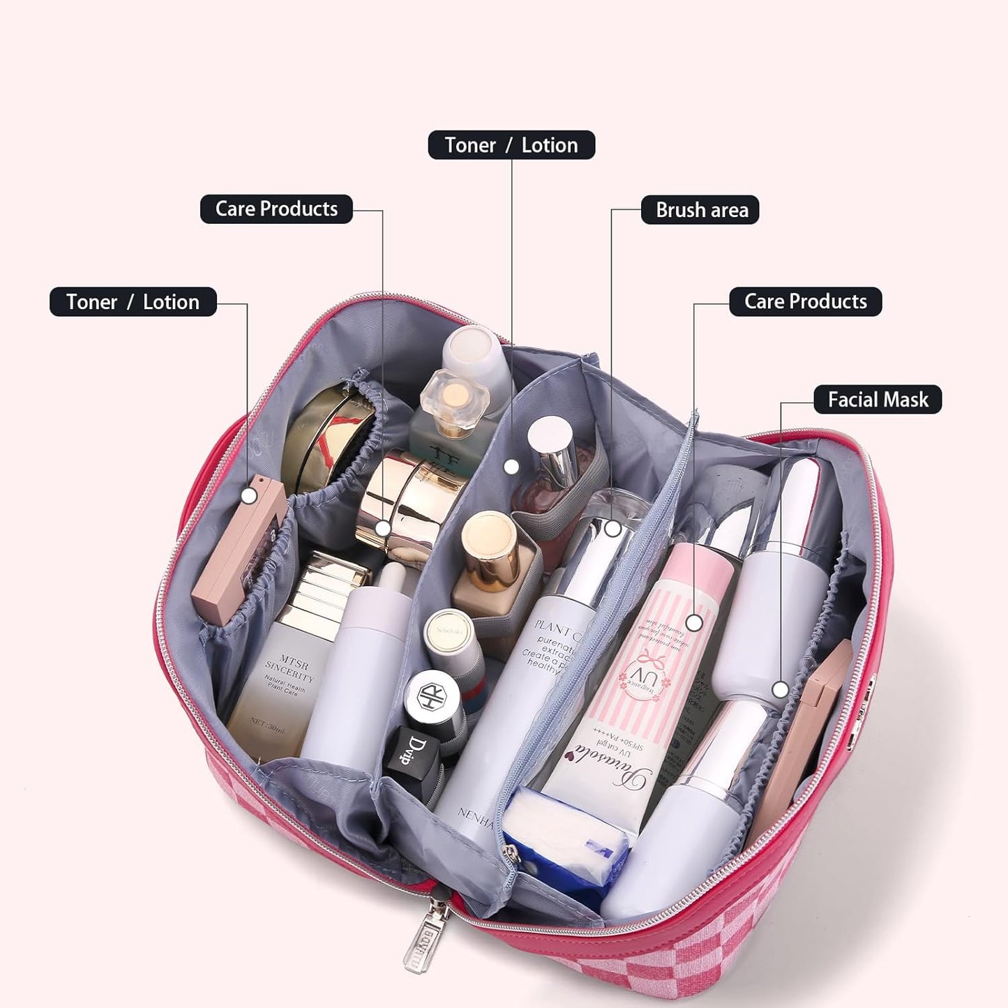 BOYATU Travel Makeup Bag for Women: Large Cosmetic Bag Set of 3 - PU Leather Make up Bag with Compartments - Compact Waterproof Toiletry Bag with Divider & Handle (D-4-Red)