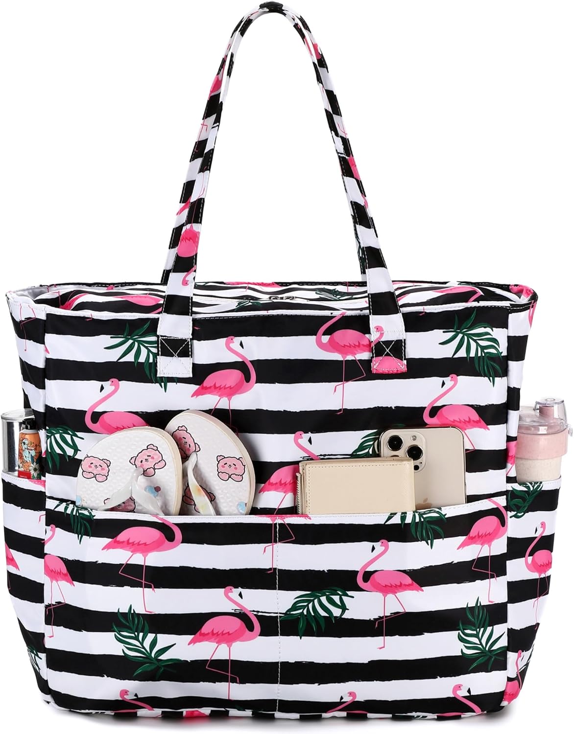 LEDAOU Large Beach Tote Bag Women Waterproof Sandproof Zipper Beach Tote Bag for Pool Gym Grocery Travel with Wet Pocket