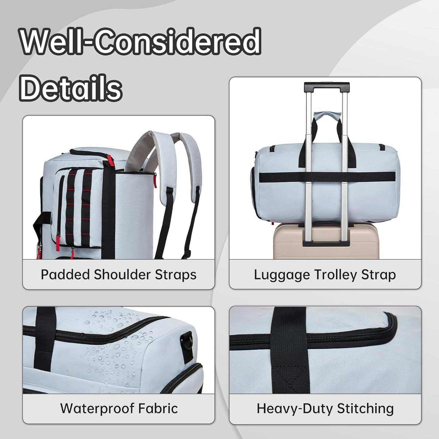 Gym Bag for Men Women, 3-in-1 Weekender Overnight Backpack Carry On, Sports Travel Duffel Bag with Webbing System, Water Resistant, Grey