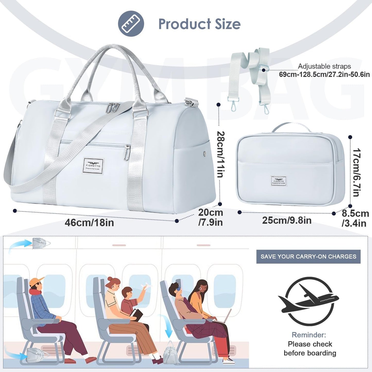 FIORETTO Womens Gym Tote Duffle Bag with Toiletry Bag, Sports Duffel Overnight Hospital Workout Carry on Bag for Girls with Wet Pocket & Shoe Compartment, Ideal for Travel, Swimming, Dance Grey