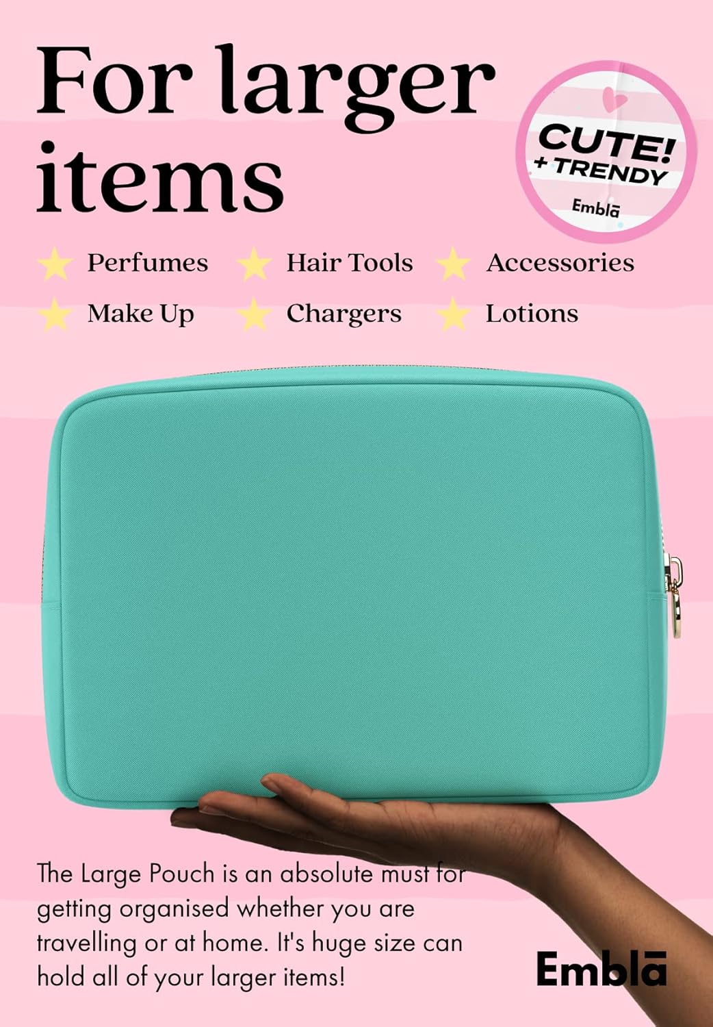 Embla Makeup Bag Travel Cosmetics Pouch and Toiletry Bag, Nylon Zipper Pouch Purse, Cute Make Up Organizer Storage Tote for Women Girls, Waterproof Travel Skincare Case, Large Makeup Bags, Cotton Candy