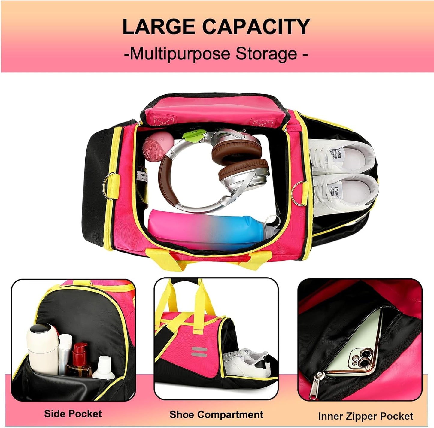 Urbanstand Gym Bag for Men & Women - 40L Duffel Bag with Shoe Compartment, Carry On Weekender Water Resistant Duffle Bag for Travel, Sports, Fitness & Workout, Pink Yellow