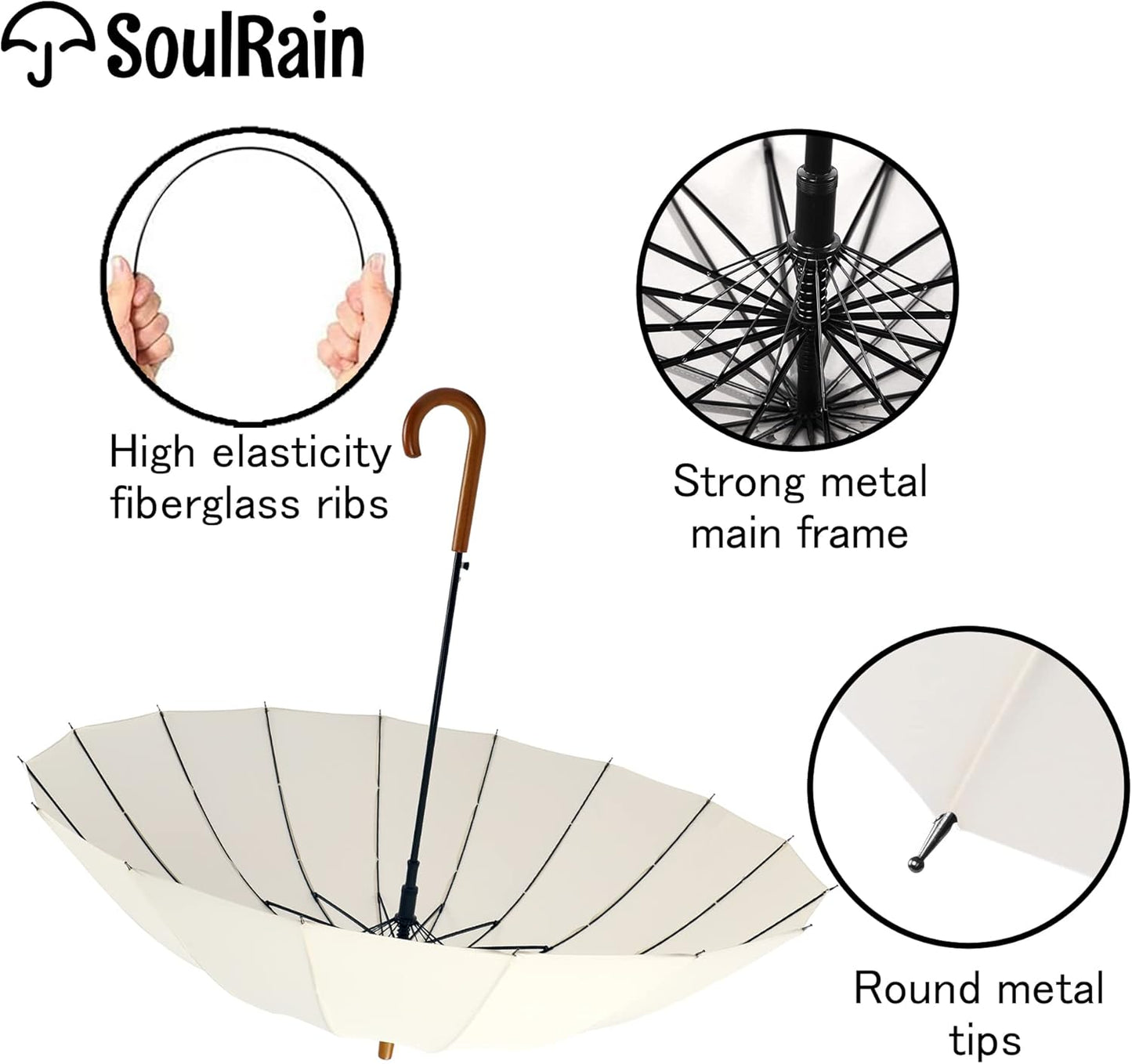 SoulRain 16 Ribs 48" Stick Umbrella Auto Open Solid Color Fashionable and Simple，Arc Classic Wood Handle，Windproof Unbreakable Stick Rain Umbrella