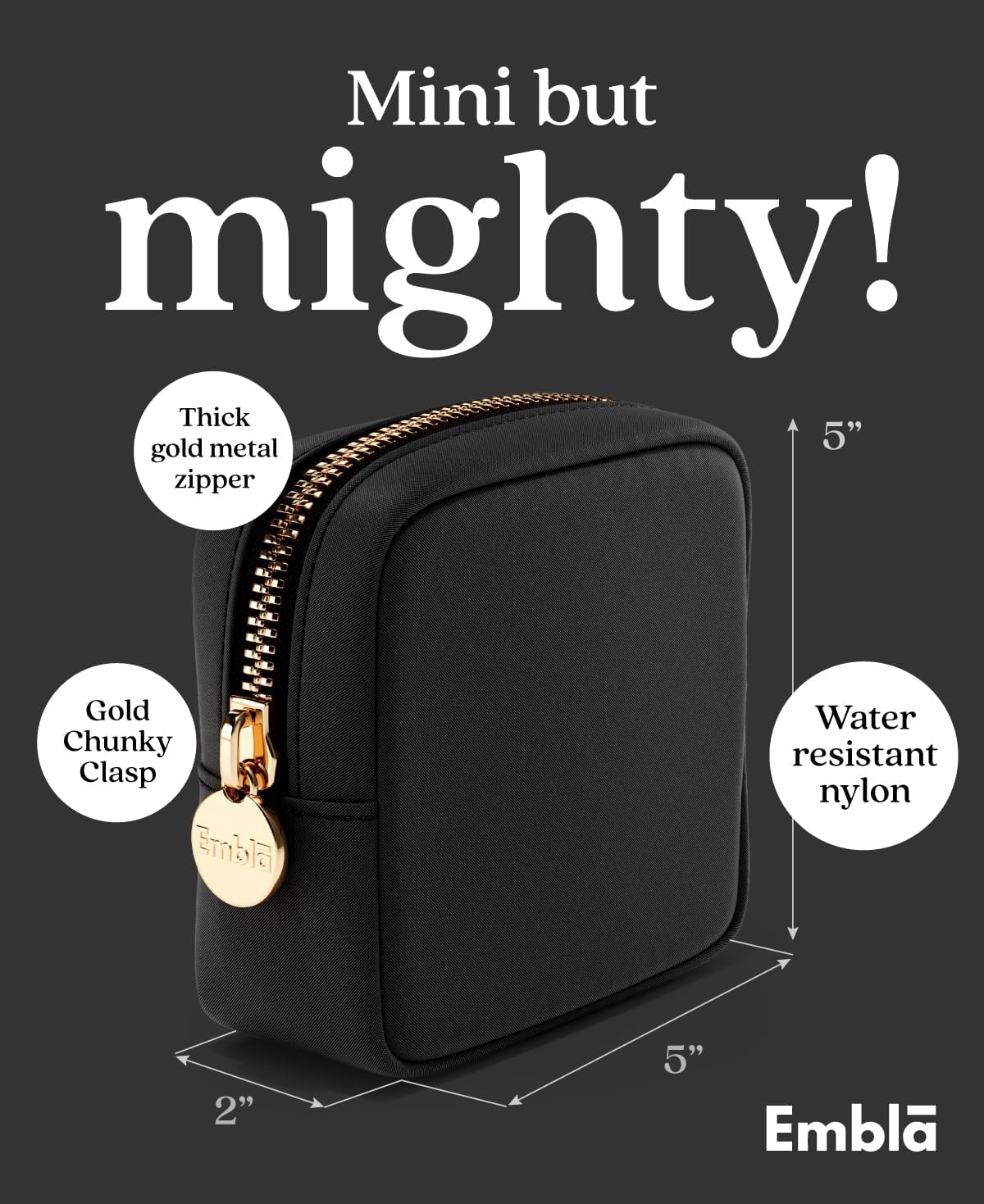 Embla Makeup Bag Travel Cosmetics Pouch and Toiletry Bag, Nylon Zipper Pouch Purse, Cute Make Up Organizer Storage Tote for Women Girls, Waterproof Travel Skincare Case, Small Makeup Bags, Black Noir