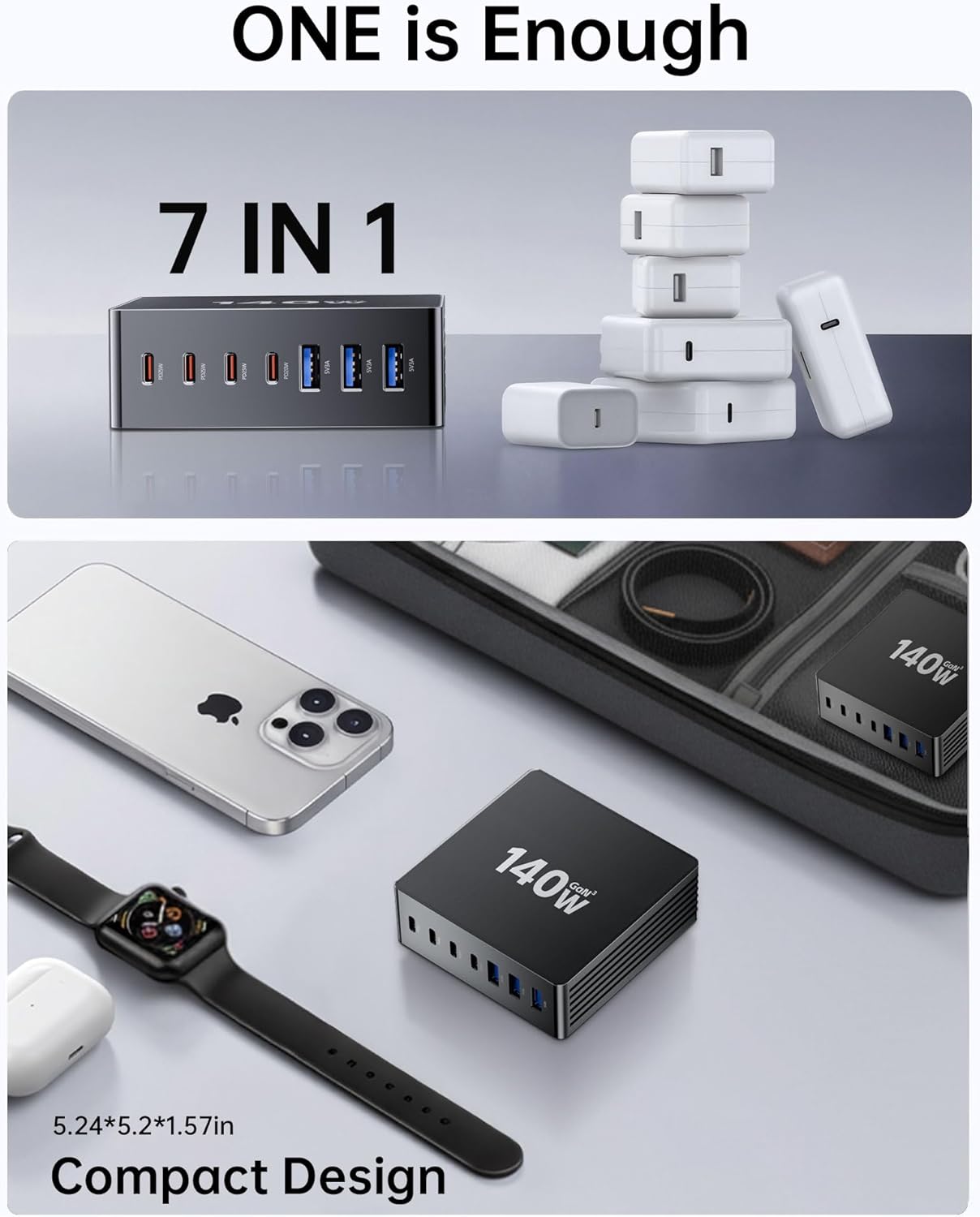 140W USB C Charging Station, GaN III 7 Port Fast Charger Station, PD 3.0 USB Charging Station for Multiple Devices, USB Charging Hub, Multiple USB C Charger Station for iPad iPhone Samsung Android