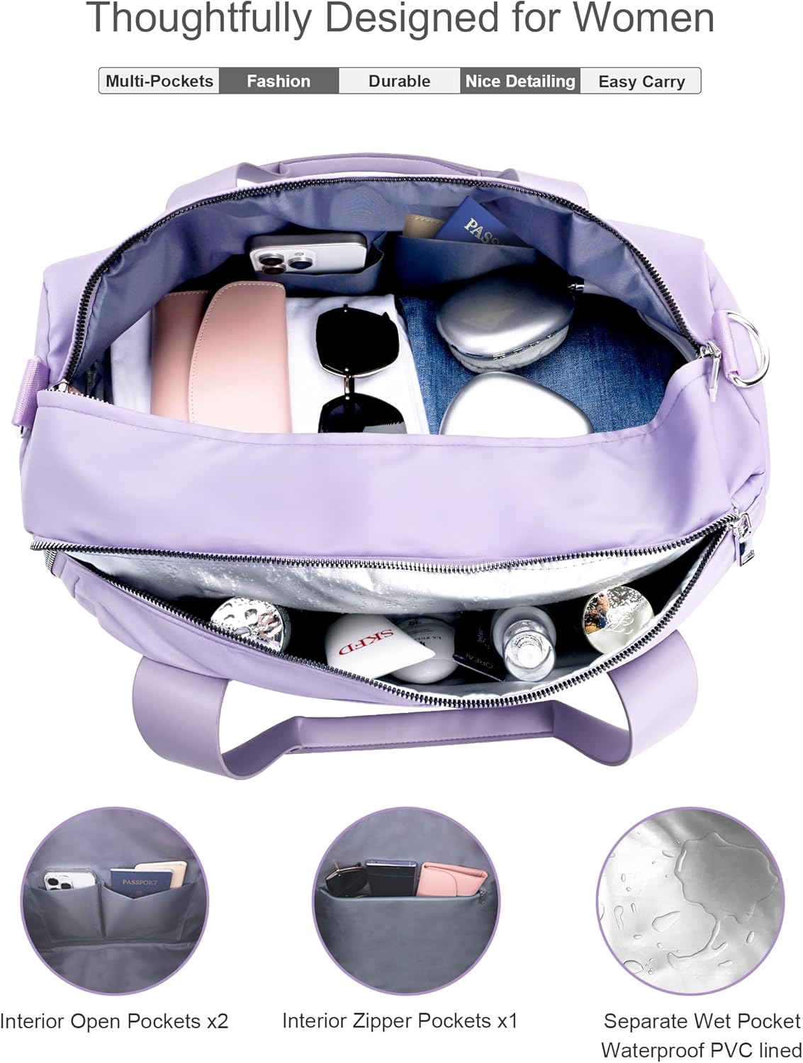 Gym Bag for Women Girls with Shoe Compartment & Wet Pocket - Duffle Bag for Travel Sports Fitness Workout Athletic, 19"-Medium, Purple