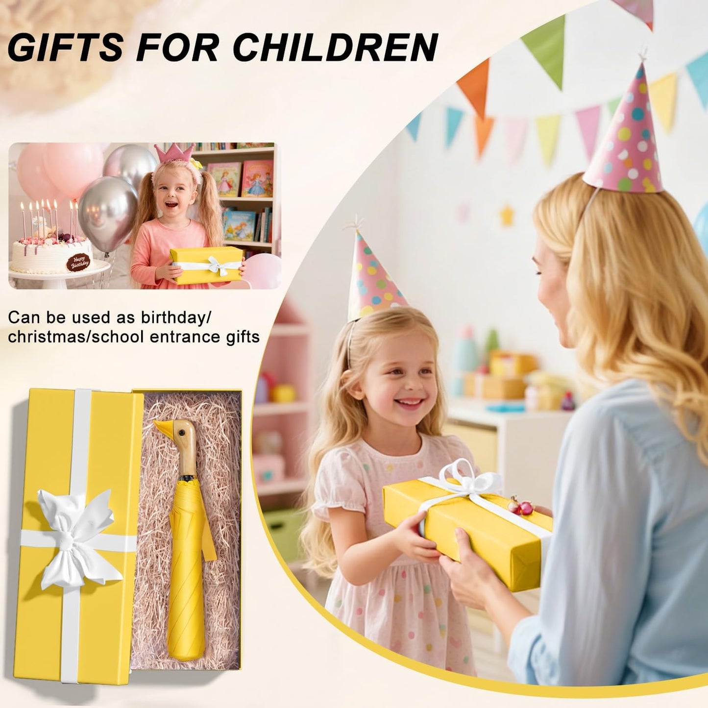 LEAGERA Cute Duck Head Umbrella - Auto Open & Manual Close Easy Folding Portable Lightweight Umbrella for Rain Wood Handle Duck Gifts