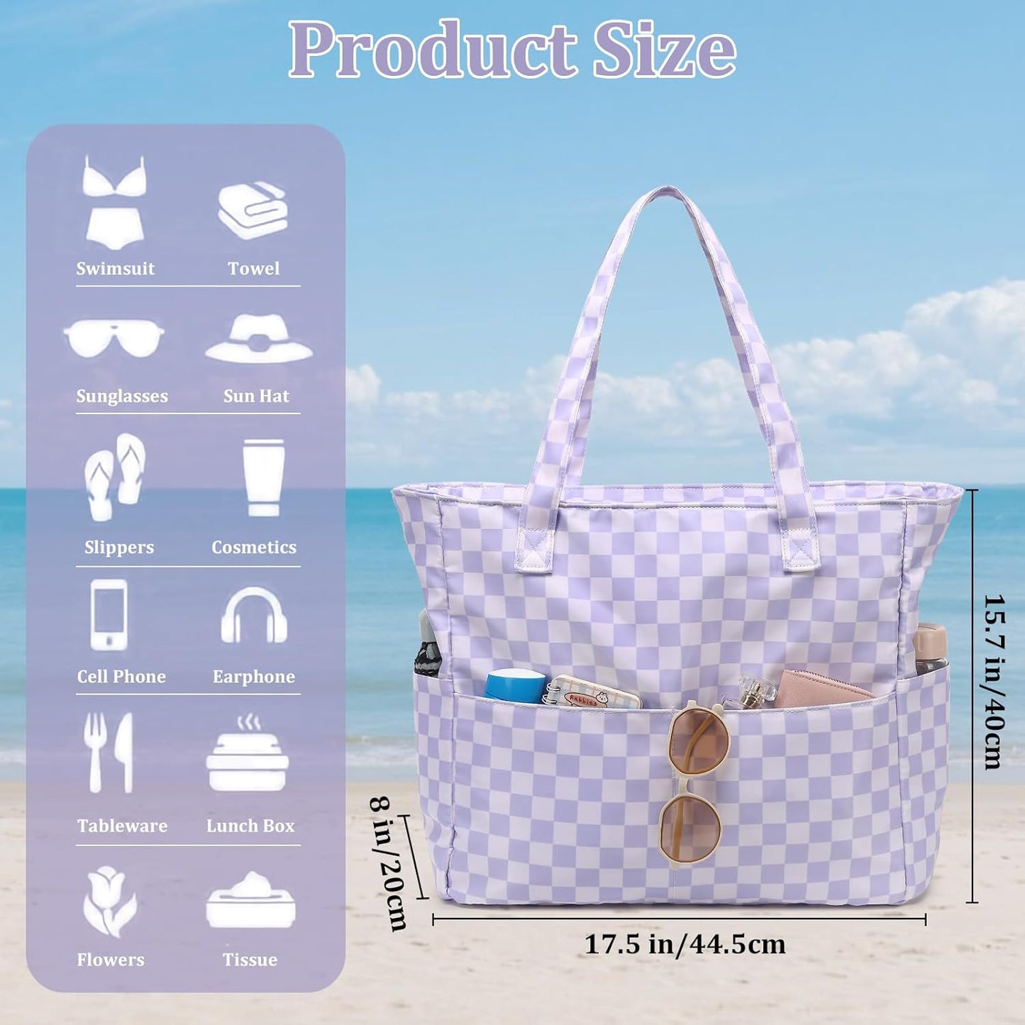 LEDAOU Large Beach Tote Bag Women Waterproof Sandproof Zipper Beach Tote Bag for Pool Gym Grocery Travel with Wet Pocket