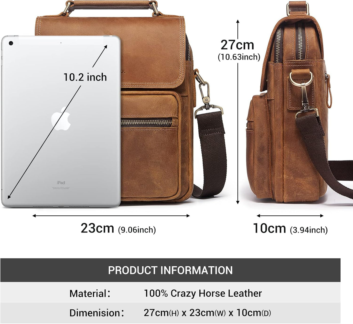 Leather Messenger Bag for Men, Shoulder Crossbody Bag with Adjustable Straps for Work Business