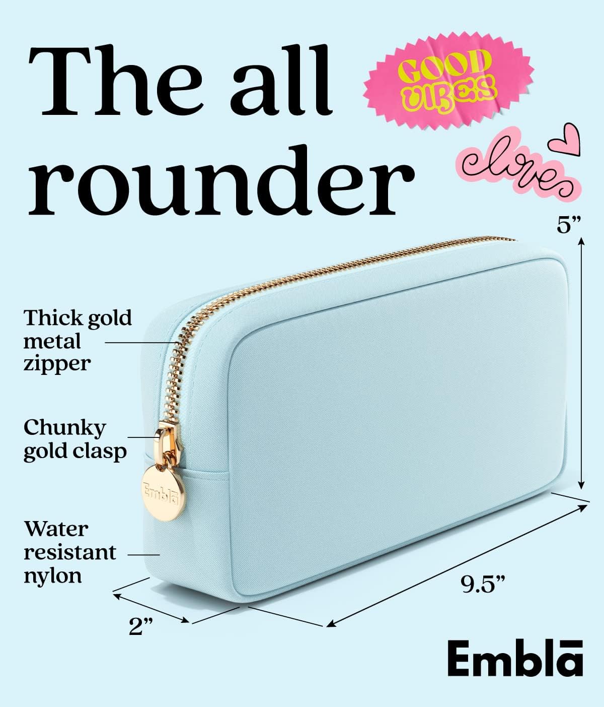 Embla Makeup Bag Travel Cosmetics Pouch and Toiletry Bag, Nylon Zipper Pouch Purse, Cute Make Up Organizer Storage Tote for Women Girls, Waterproof Travel Skincare Case, Small Makeup Bags, Sky Blue