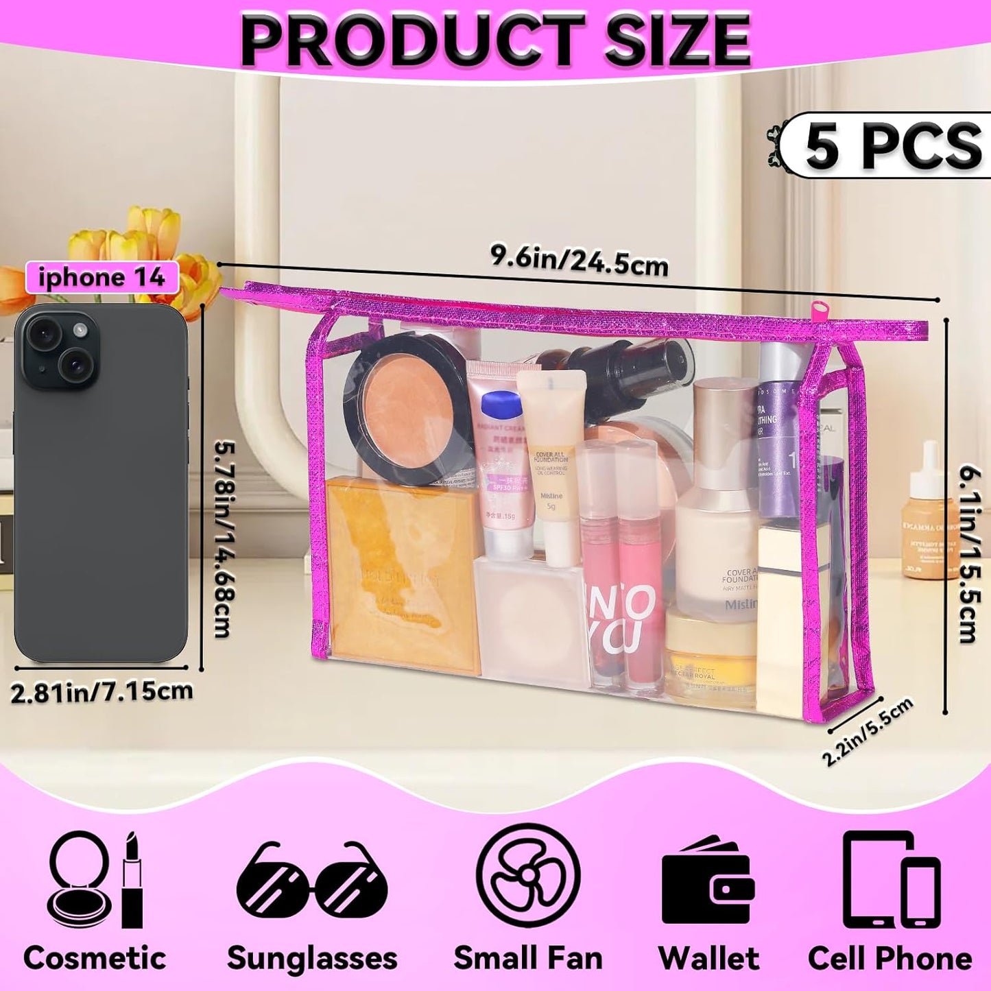 5 Pack Clear Cosmetic Bags Makeup Bags Set Waterproof PVC Clear Toiletry Bag with Zipper, Makeup Organizer Storage Pouches Fit Carry-on Travel Essentials