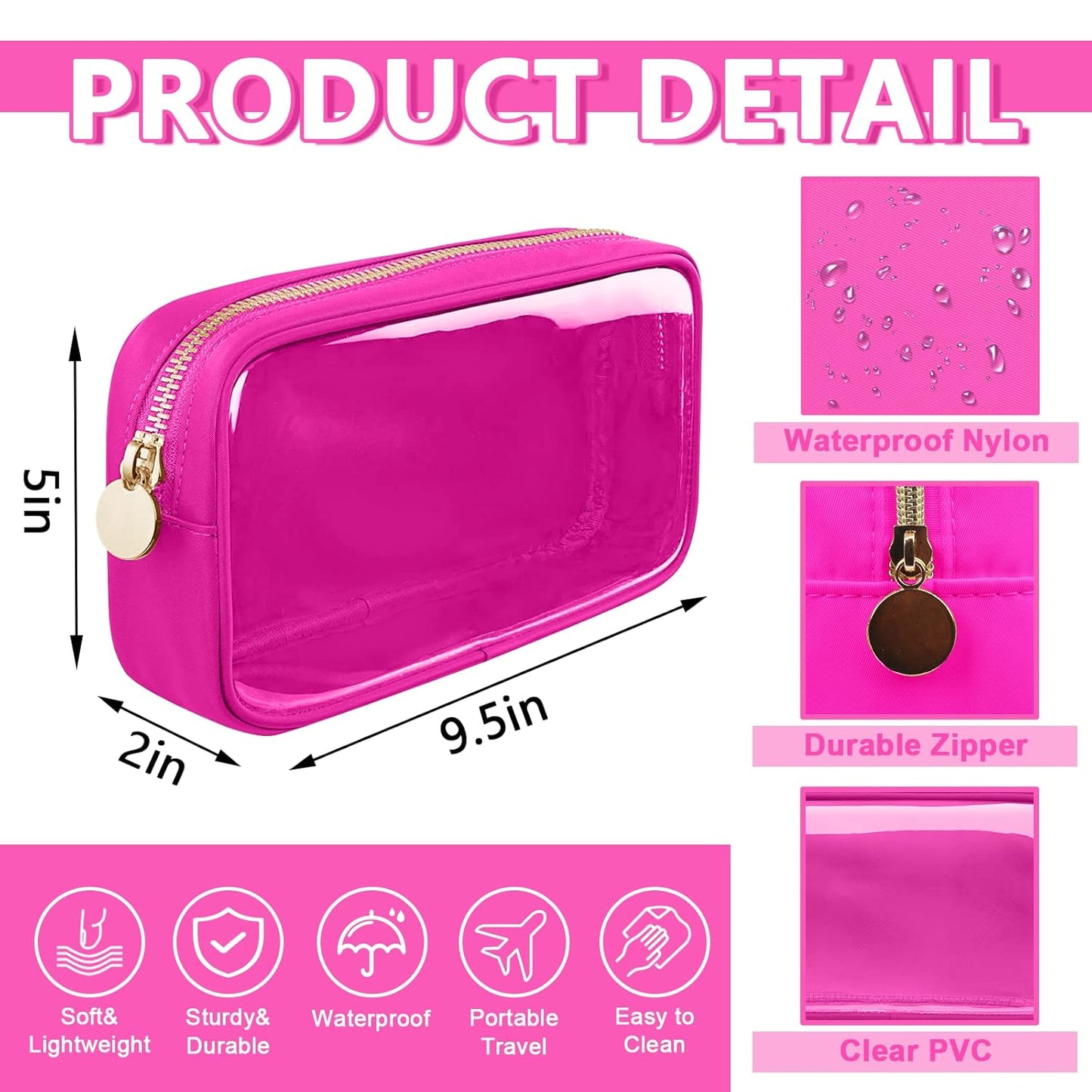 Clear Small Makeup Bag with Zipper, Nylon&PVC Cosmetic Travel Bag Preppy TSA Approved Toiletry Bag for Women Girls, Transparent Waterproof Makeup Pouches Cute Travel Bag for Purse(Small-Hot Pink)