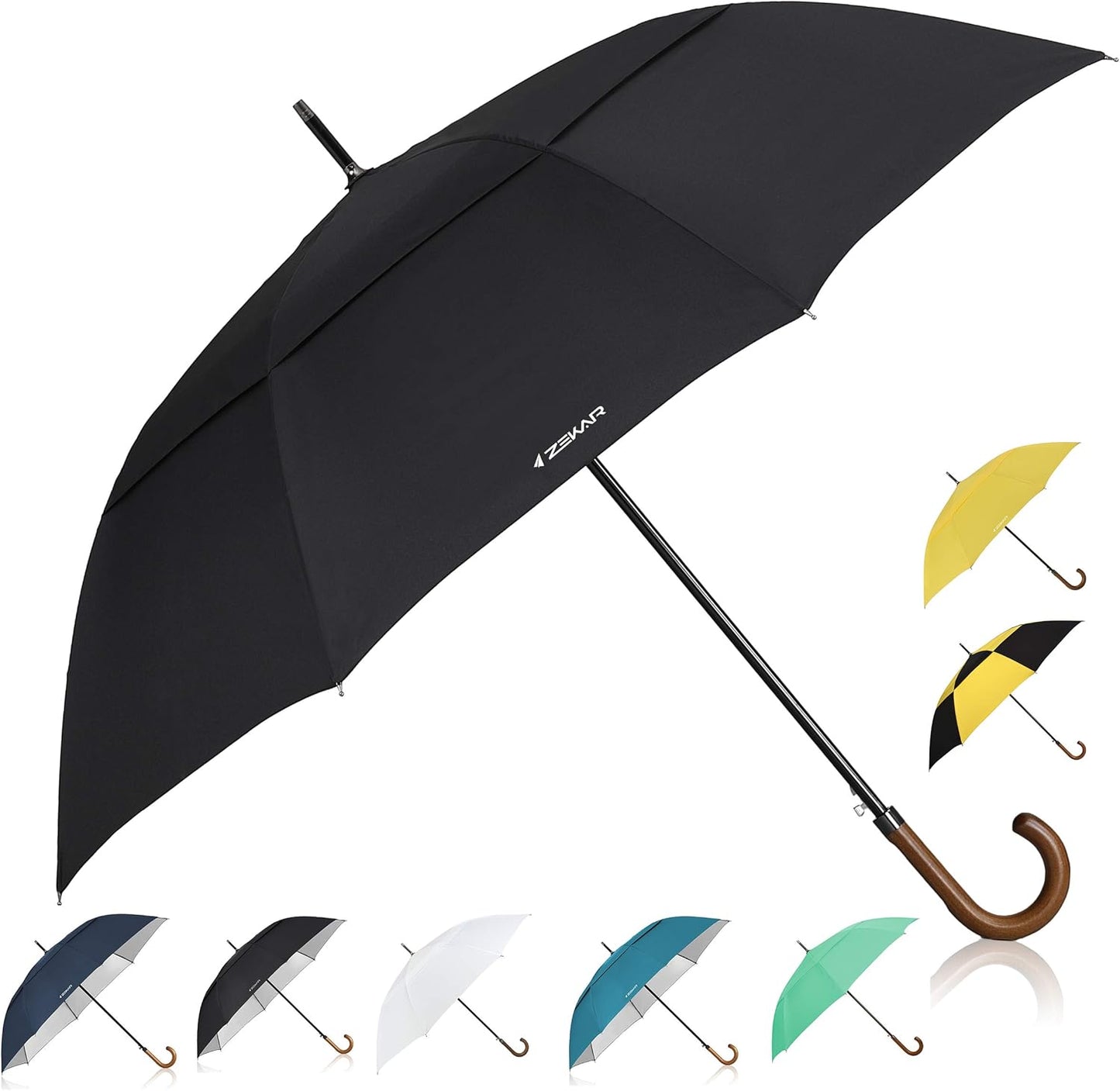 ZEKAR Wooden J-Handle Umbrella, 54/60 / 68 inch, Classic Versions, Large Windproof Stick Umbrella, Auto Open for Men and Women (Black, 60”-pack of 2)