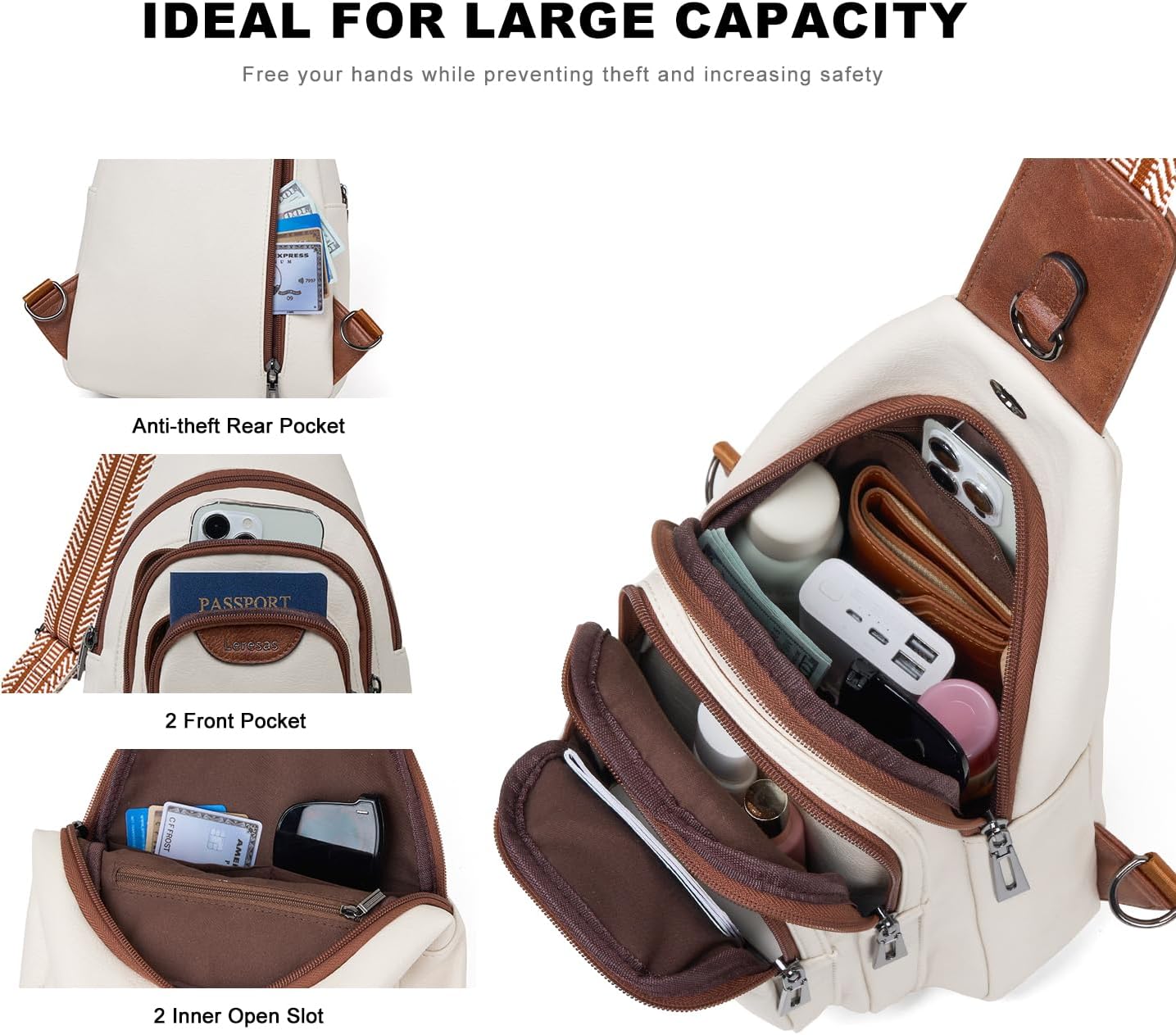 10L Crossbody Sling Bag for Women Men Anti Theft Cross Body Fanny Pack Belt Bag Purse Gifts for Women Faux Leather, Beige Brown