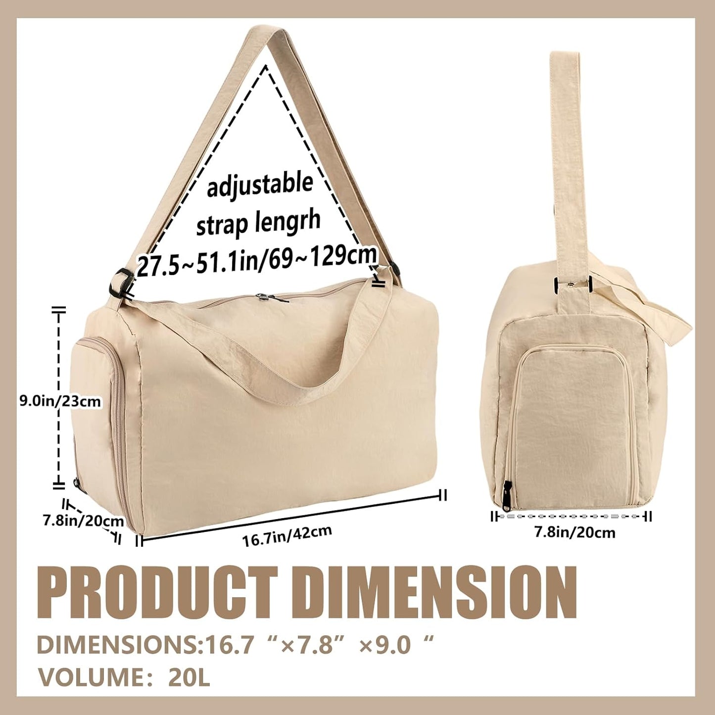 Small Gym Bag for Women with Shoes Compartment, Travel Duffel Overnight Bags for Women & Men, Weekend Carry on Bag - Sport Yoga Dance(Khaki)