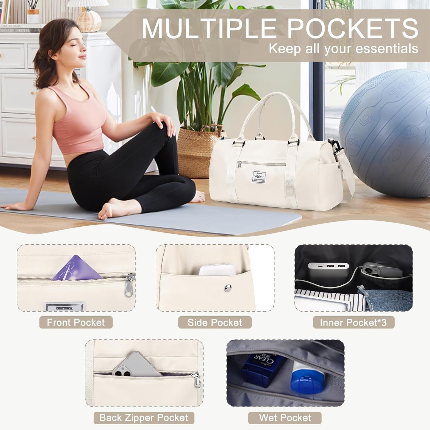 Gym Bag for Women Men with Shoes Compartment & toiletry bag,Sport Swimming Yoga Bag,Waterproof Travel Duffel Bag Small Carry on Bag Overnight Weekender Bags Personal Item Bag for Airlines Cream White