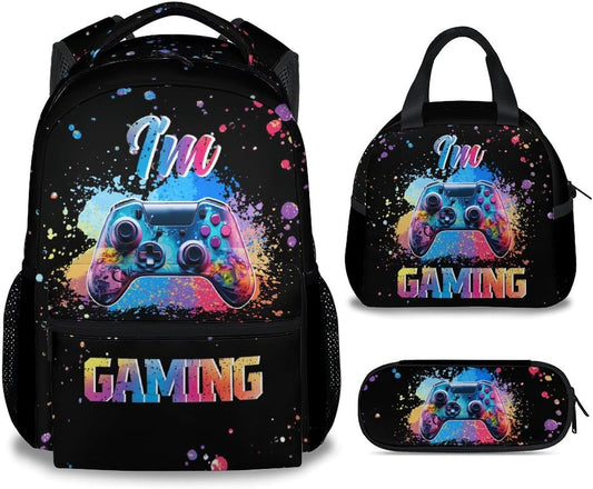 COZYAURA Kids Backpack with Lunch Box - Graffiti Video Gamer Backpack for School - Lightweight Black Gaming Backpacks for Boys