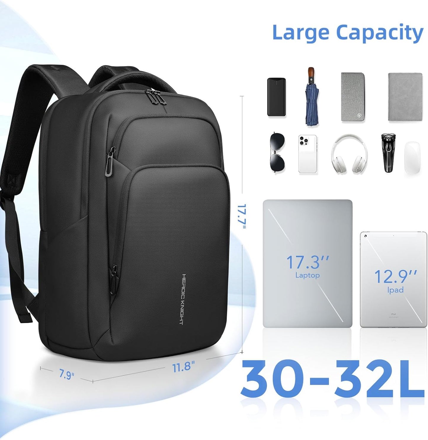 17.3 Inch Laptop Backpack for Travel Work Office College, 30L Water Resistant Casual Daypack, Lightweight Computer Backpack for Men Women, Business Laptop Bag with USB Charging Port - Black