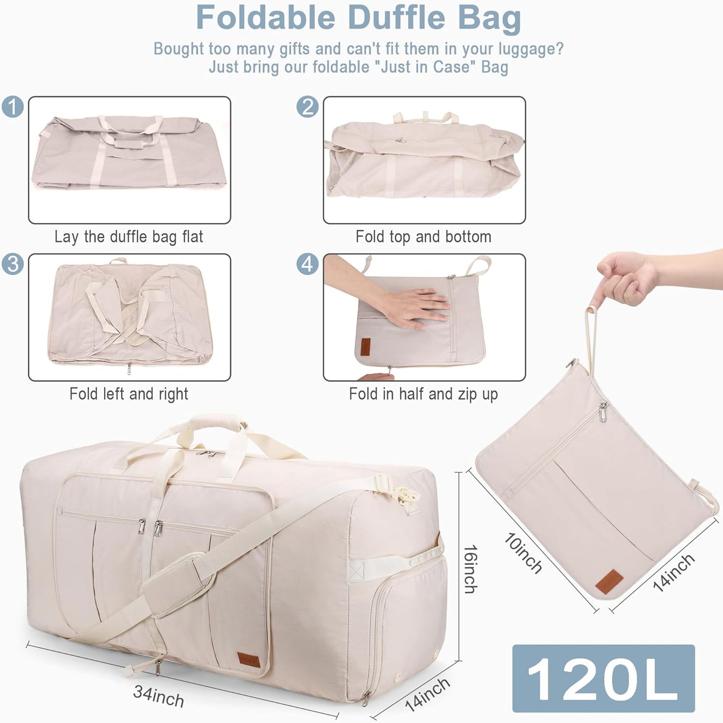120L Travel Duffle Bag for Men and Women, Urtala 34” Large Duffle Bag for Traveling with Shoe Compartment, Foldable Duffel Bag Water & Tear Resistant (Beige)