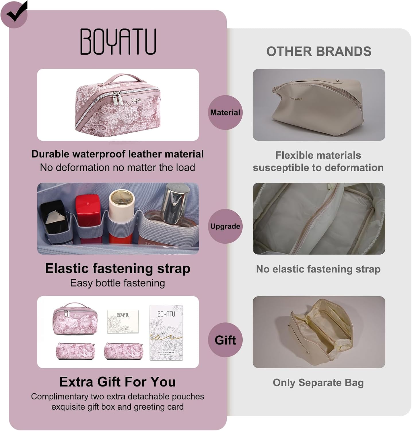 BOYATU Travel Makeup Bag for Women: Large Capacity Make up Bag with Compartments - Vegan Leather Cosmetic Bag set of 3 - Waterproof Toiletry Bag with Handle & Divider(E-1-Purple)