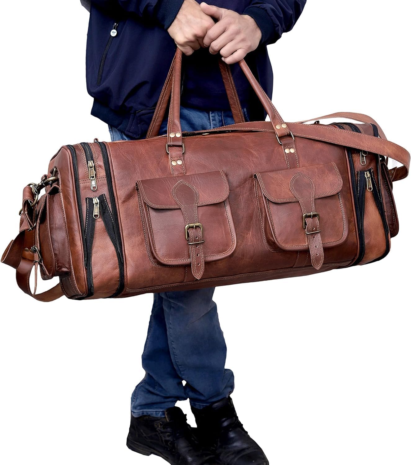 Leather Handmade Vintage Travel Luggage 32 Inch Leather Duffle Bag for Men and Women Gym Sports Bags Weekender Travel Overnight Carry On Duffel Bag Gift For Men (34 inch)