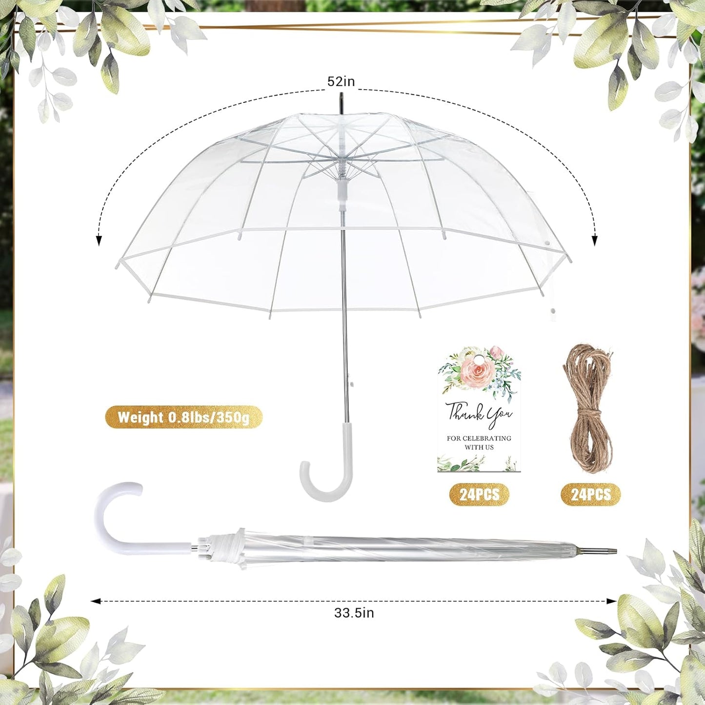 Wedding Favors for Guest Umbrella Gifts Bulk 52 Inch Large Dome Rain Windproof Stick Umbrellas with Thank You Tags and Rope Guest Souvenirs for Wedding Party Bridal Favors