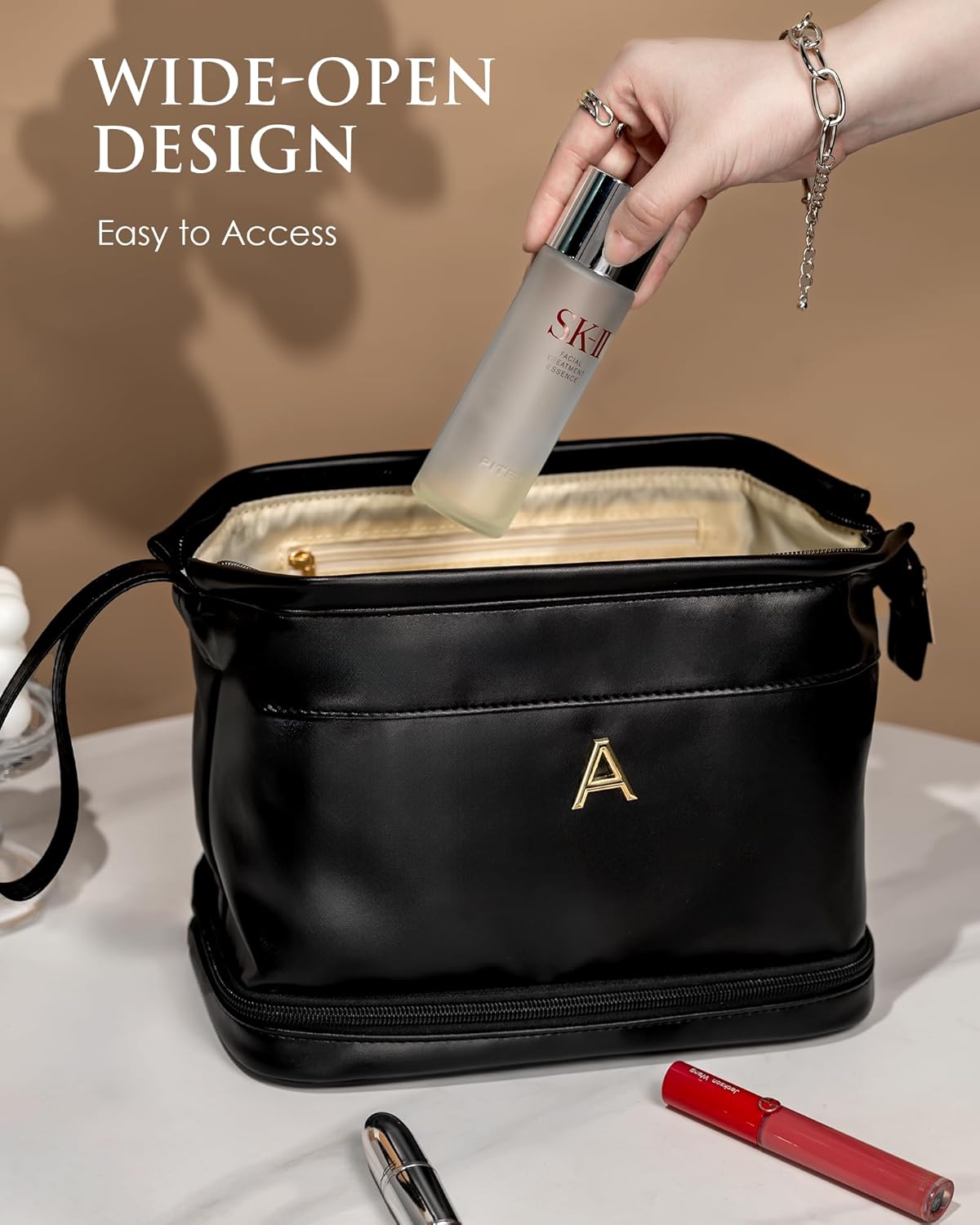 Birthday Gifts for Girls, Initial Large Makeup Bag, Personalized Double Layer Cosmetic Bag with Makeup Brush Organizer, Large Capacity PU Leather Travel Toiletry Bag Travel Stuff for Girls