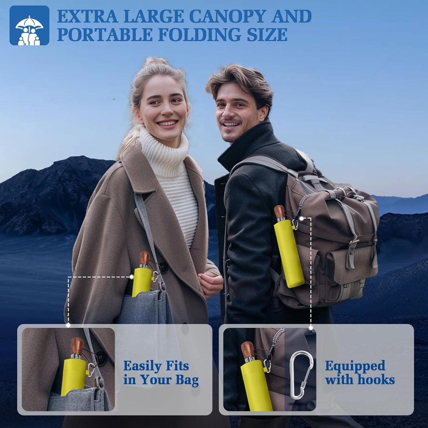 Umbrella Strong Windproof, Triple-Layer Canopy, 10 Fiberglass Ribs, Auto Open/Close, Wooden Handle, Sleeve with Anti-Loss Hook, Umbrellas for Travel & Commute & Daily Use & Gift