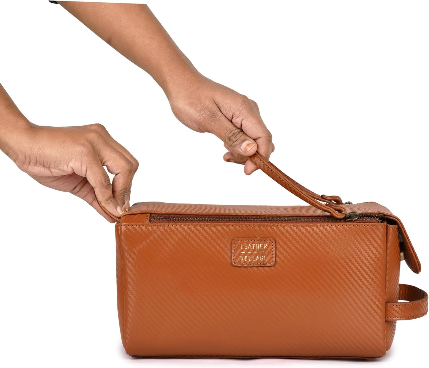 LEATHER VILLAGE Premium Carbon Fiber Genuine Leather Travel Toiletry Bag - Large Compact Dopp Kit, Water-Resistance Shaving & Cosmetic Organizer for Men & Women - Tan