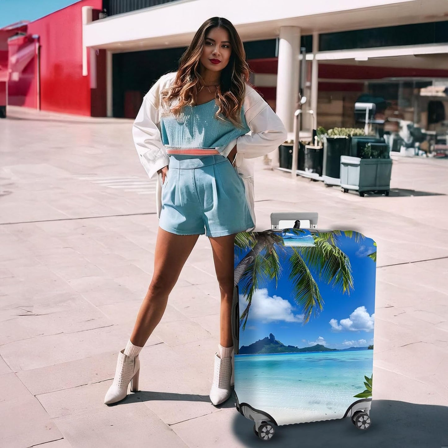 Travel Luggage Cover,Beautiful BeachTheme Suitcase Cover Accessory Kit, Luggage Tag, and Comfortable Luggage Handle Wrap, Washable Luggage Suitcase Protector (25-28 inch,L)