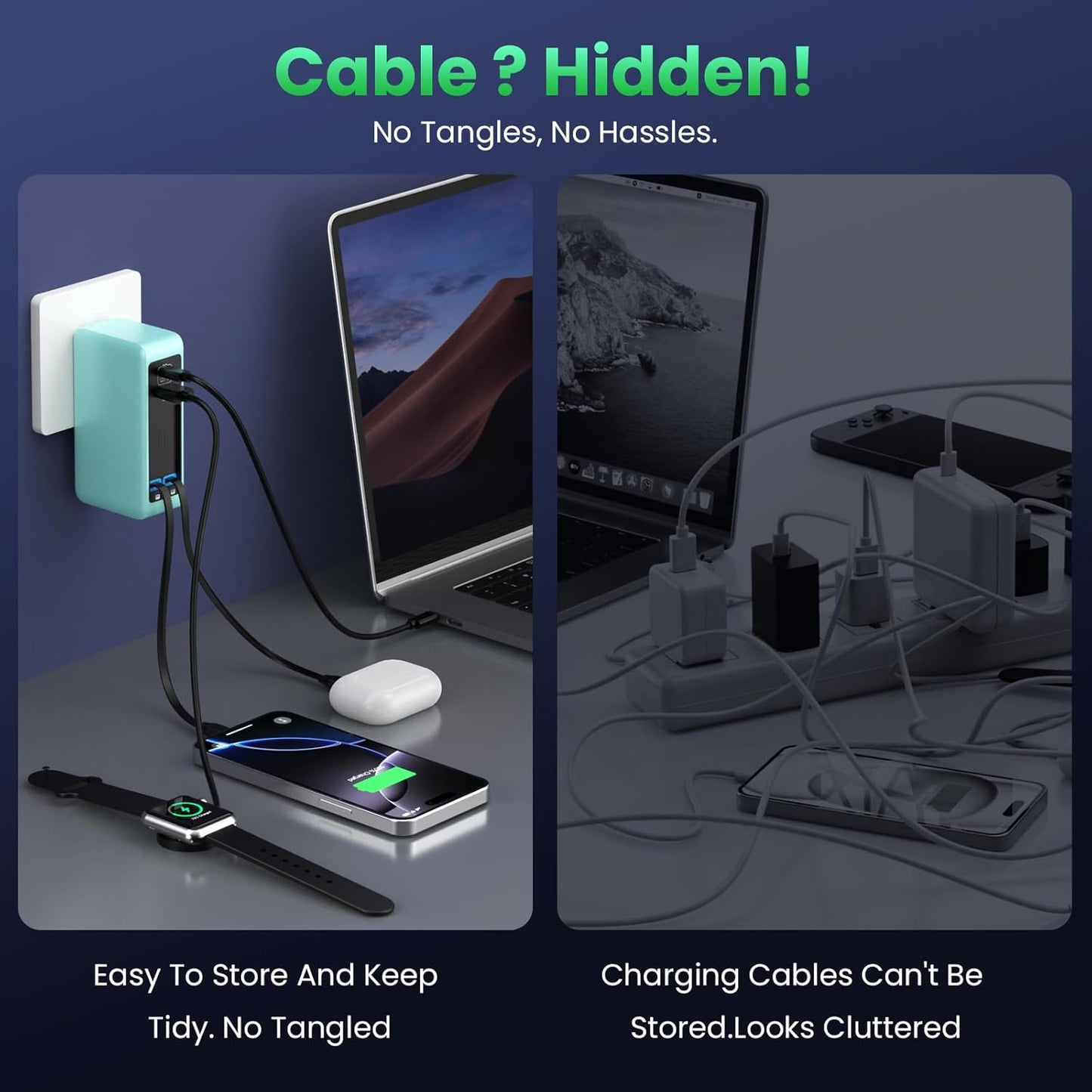 120W USB C Charger Block with 2 Built-in Retractable Cables,4-in-1 GaN IV Foldable Plug Wall Charger Fast Charging Station,PD 65W Laptop Adapter for MacBook/iPad,iPhone 17/16/15,Galaxy,Android-Green