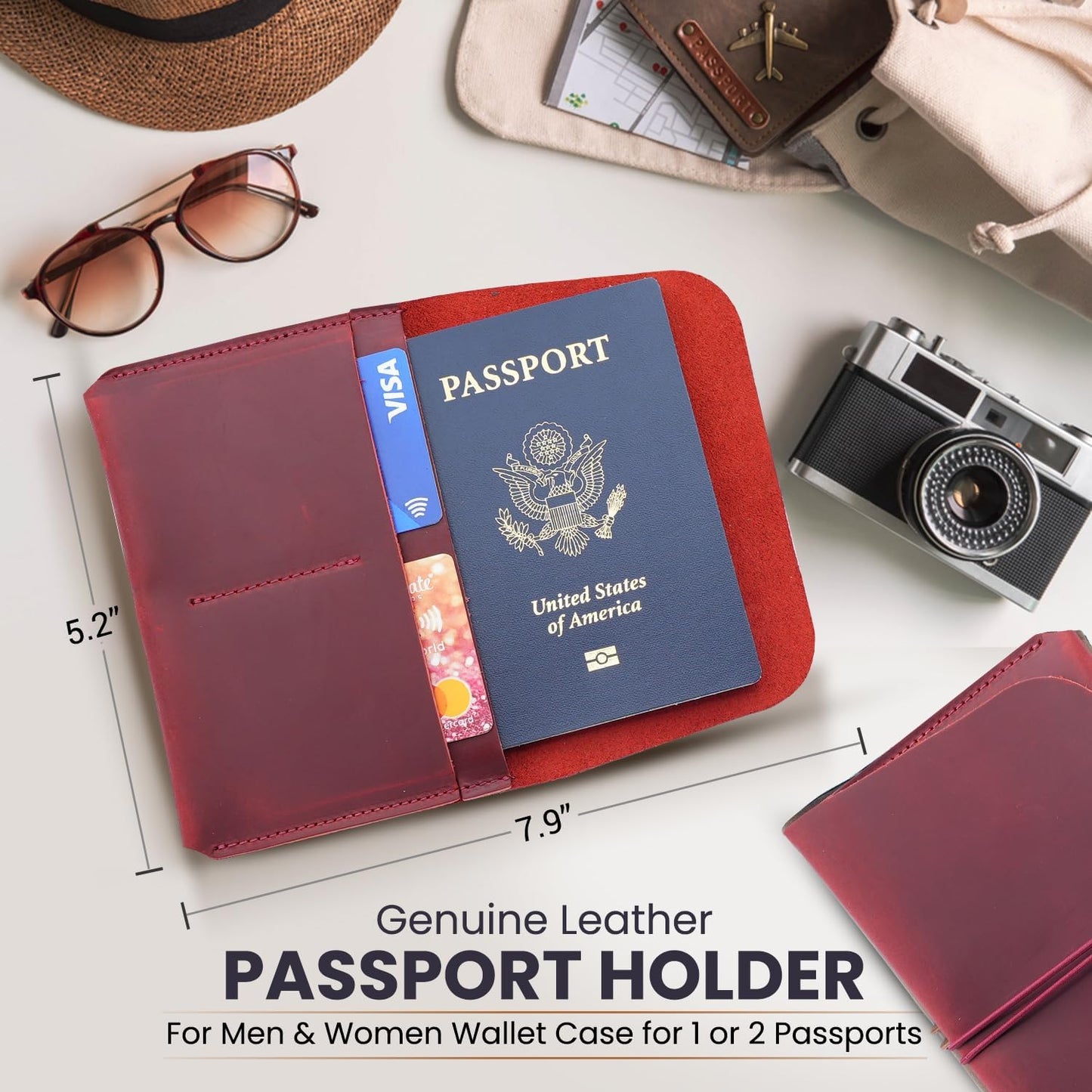 Leather Passport Holder with Travel Wallet, Genuine Leather Passport Cover- Passport Wallet, Leather Folding Wallet for Passports (Strap, Red)