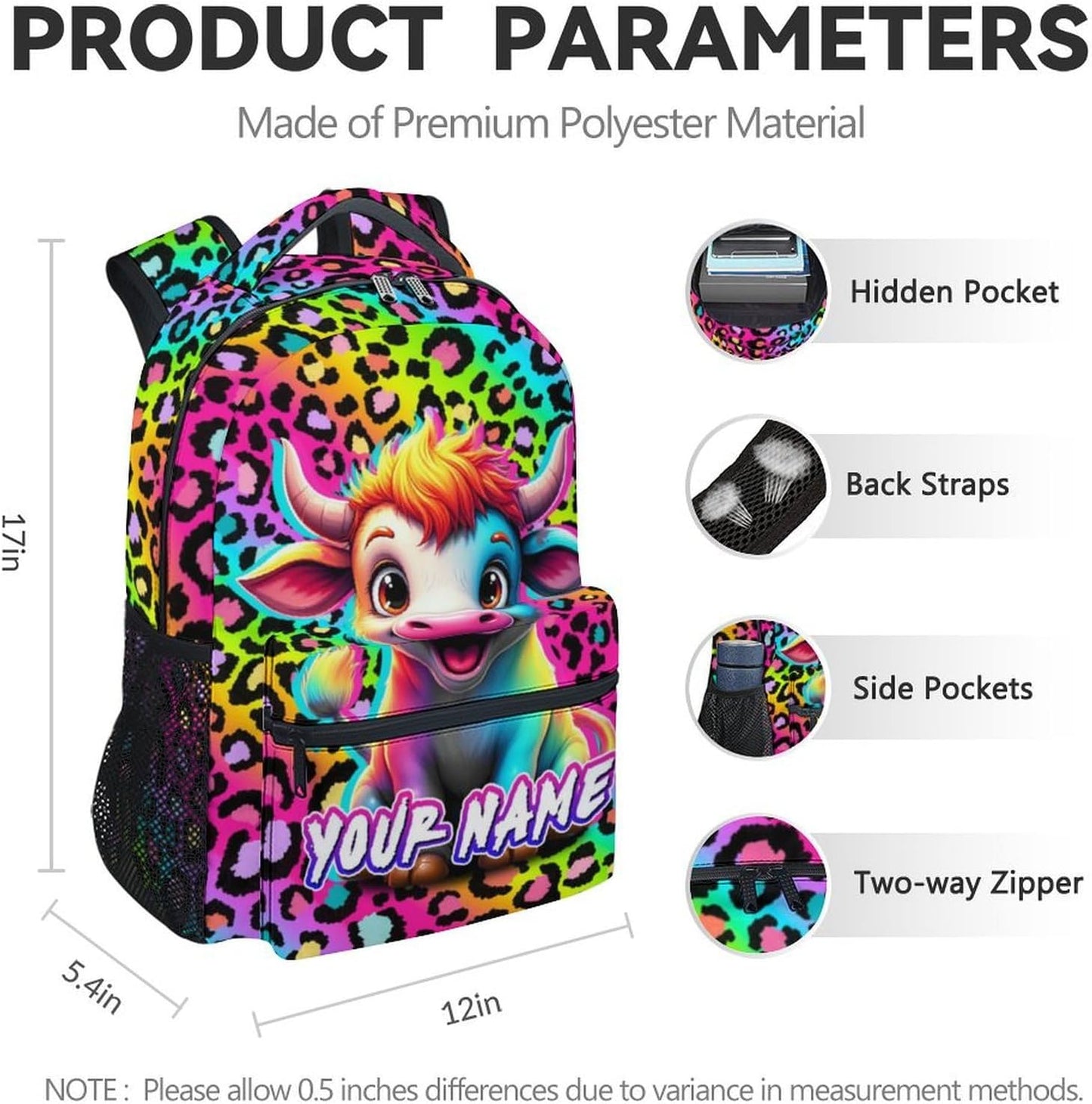 Custom Backpack for Girls - 17 Inch Cute Cow Backpack for Kids Children - Rainbow Cow Print Lightweight Durable Bookbag for High School