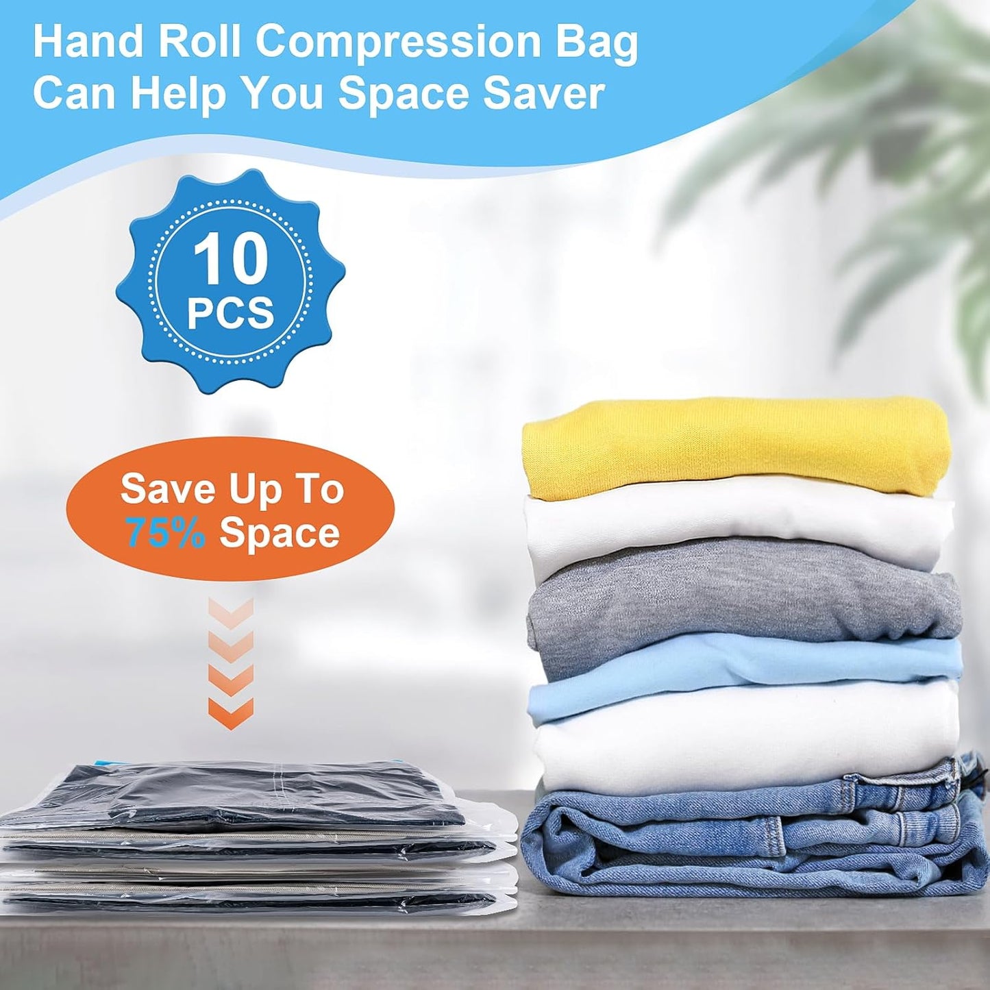 10 PCS Compression Bags for Travel Essentials, 3 Sizes Space Saver Bags, No Vacuum or Pump Needed, Roll Up Vacuum Packing for Clothing Storage, Cruise Accessories, Luggage & Home Organizers