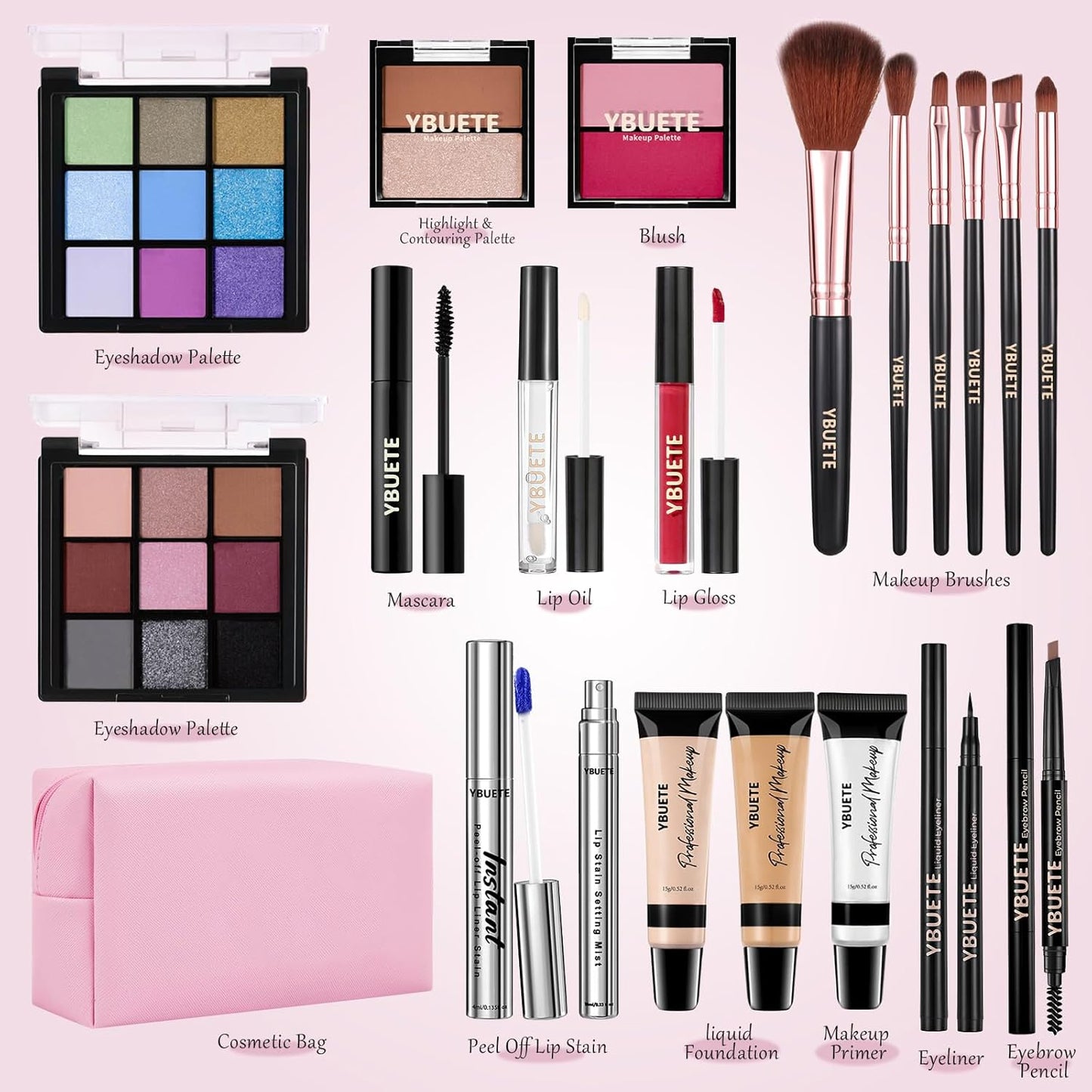 Makeup Full Kit for Beginners Girls Women, Travel Makeup Set Present for Her,Cosmetic Set Include Eyeshadow Blush Lip Gloss Peel Off Lip Stain Eyeliner Mascara Eyebrow Pencil Cosmetic Bag