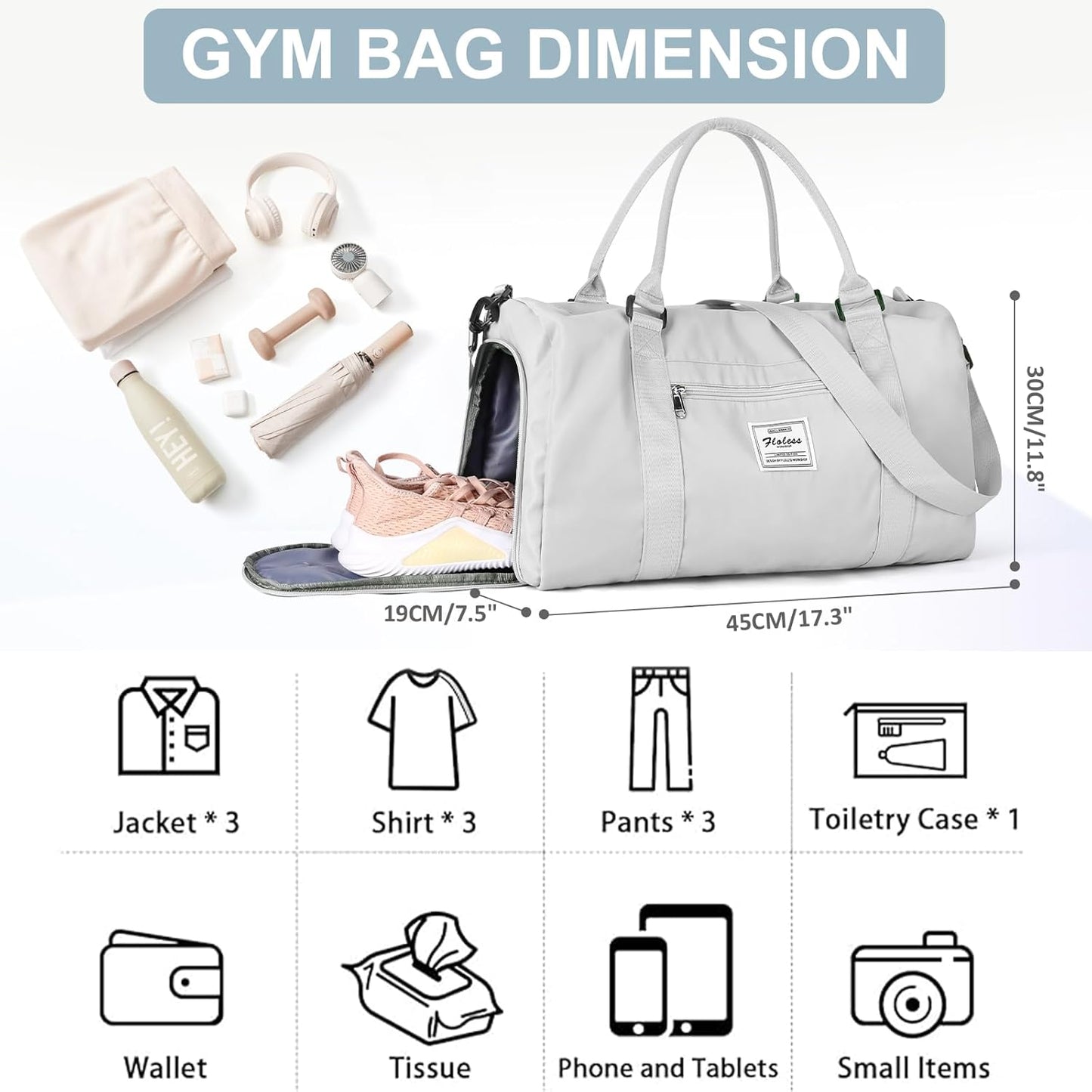 Gym Bag for Women with Shoes Compartment,Small Duffel Bag Sport bag with Toiletry Bag Overnight Travel Tote Bags Weekender Carry on Bag Personal Item Bags for Airlines Grey