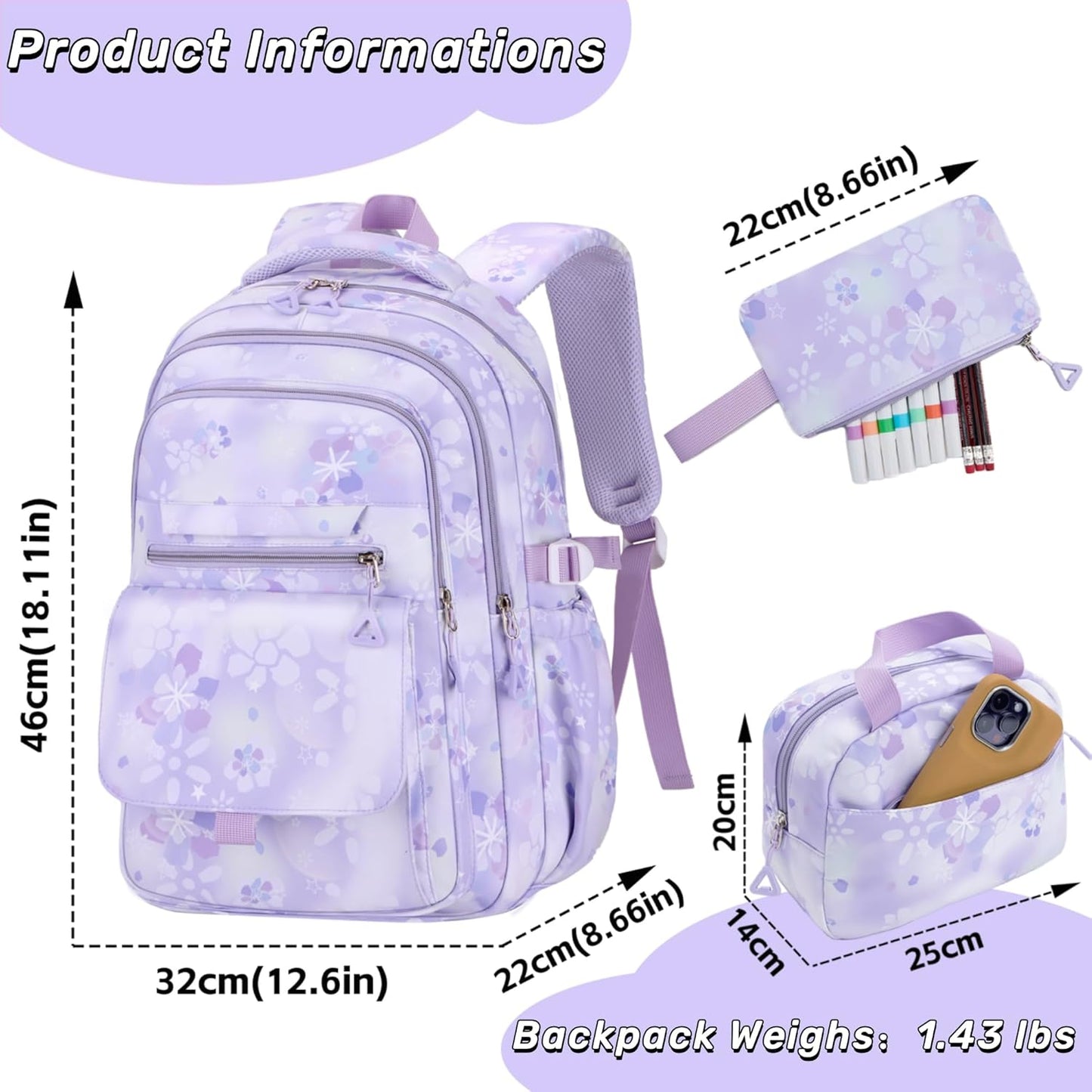 Kids Backpack for Girls Flower schoolbag with Lunch Bag & Pen Case Waterproof Girl Bookbag for Elementary school(purple)