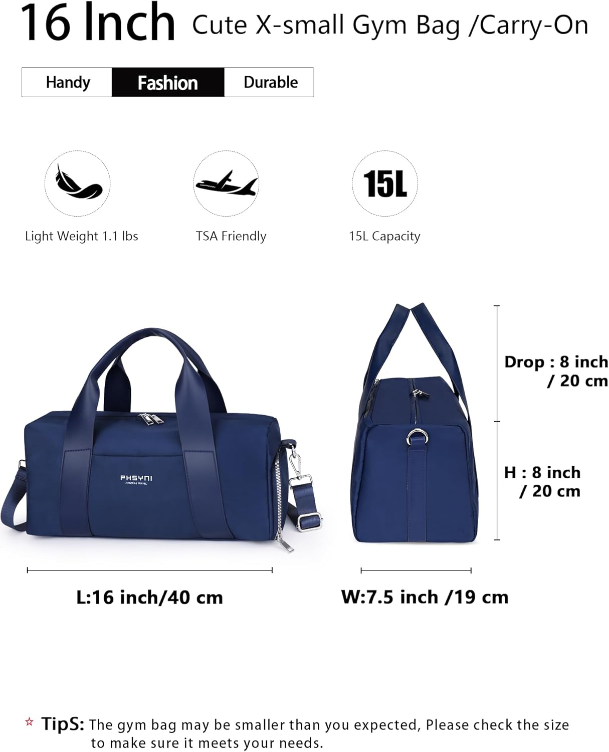 Compact Sports Gym Bag for Women and Man, Cute Mini Duffle Bag with Wet Pocket & Shoes Compartment, Personal Item Travel Workout Bag, 16"-Small, Navy