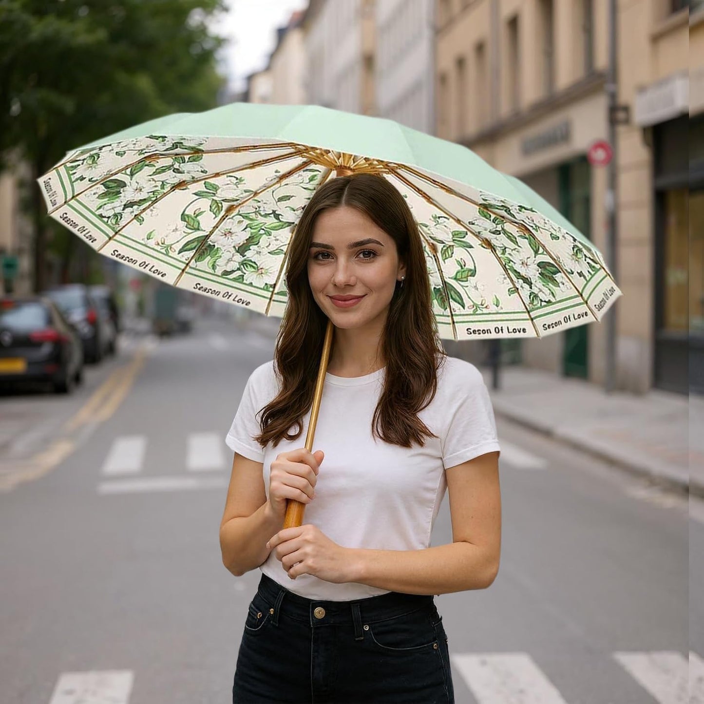 Folding umbrella for rain and sun UPF 50+ UV Protection Windproof waterproofing and Strong Travel Essentials for Men Womens Umbrella 16 Ribs Wooden Handle Flower Travel Umbrella Compact