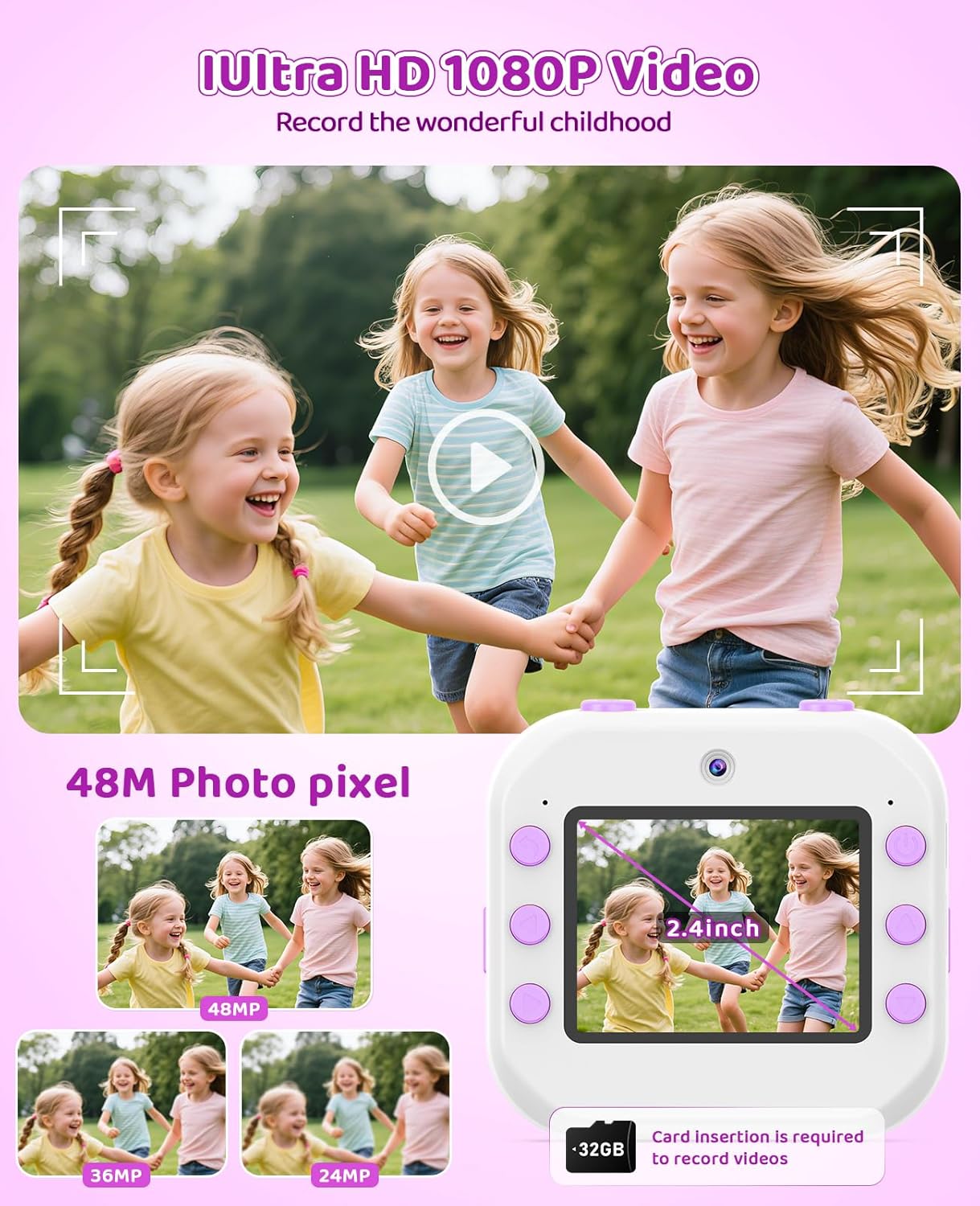Kids Camera Instant Print for Kids Christmas Birthday Gifts Age 4-12,Quick-Release Prints Camera Toddler Portable Travel Toy 6 7 8 9 10 Year Old Girls-Purple
