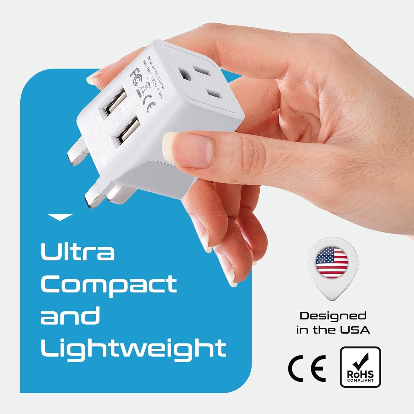 Ceptics UK, Hong Kong, CTU-7-2PK Ireland Travel Adapter Plug with Dual USB - Type G - London - USA Input - Light Weight - Perfect for Cell Phones, Chargers, Cameras and More - 2 Pack