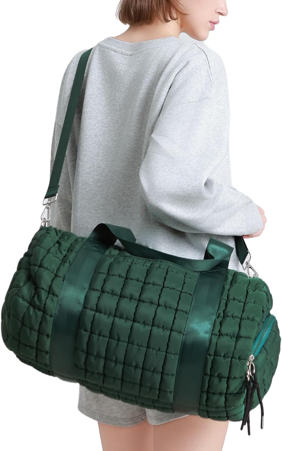Quilted Duffel Gym Bag for Men and Women Carry On Travel Sport Weekender Bag, Dark Green