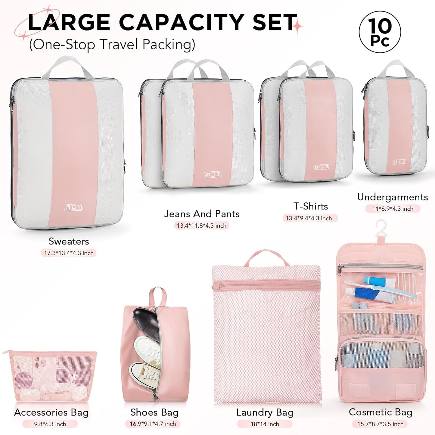 10 Set Compression Packing Cubes for Travel Essentials Women Mom,Compressible Expandable Packing Cubes for Suitcase,OlarHike Luggage Organizer Bags for Travel,Handy Helper for Organizing Clothes(Pink)