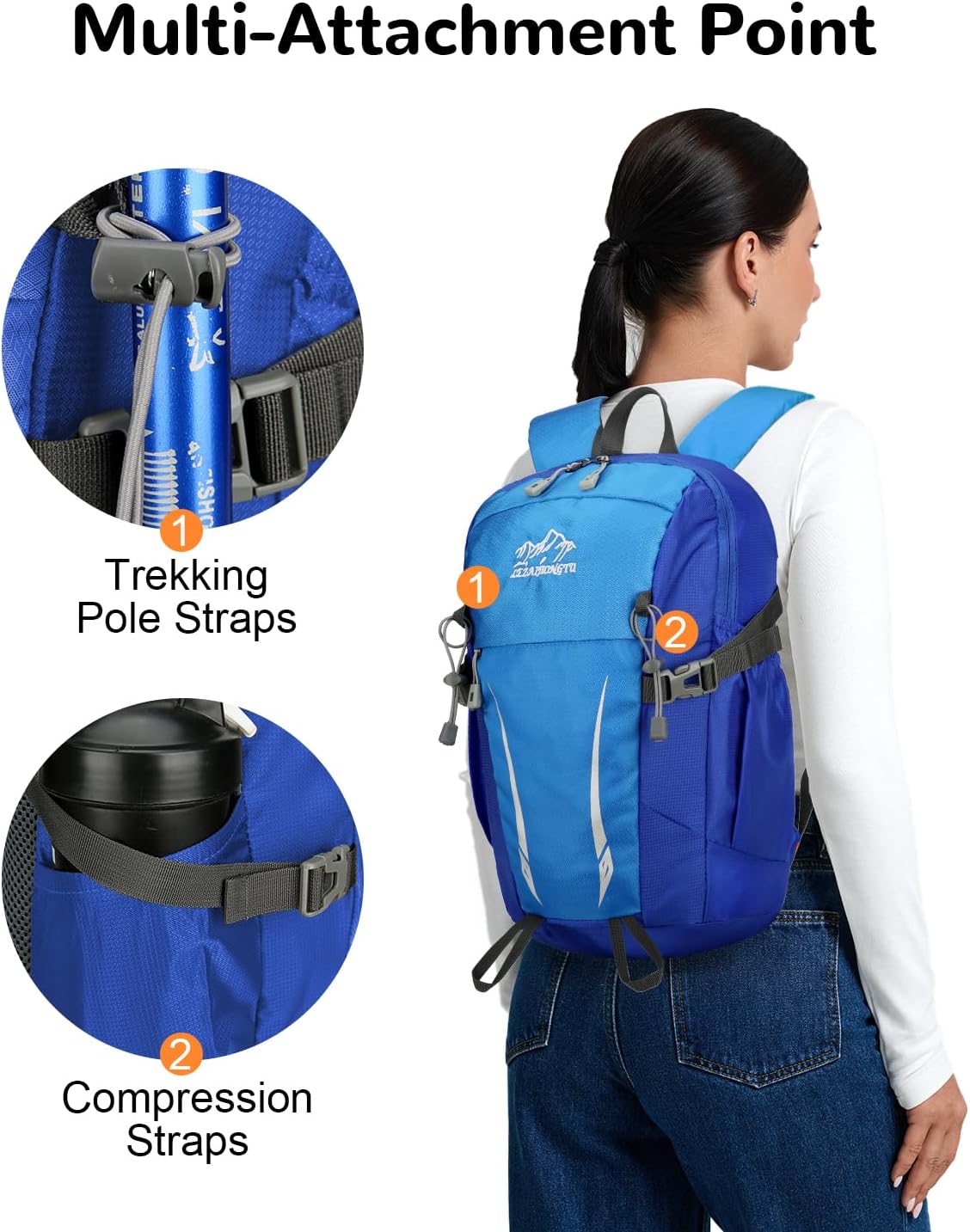 15L Small Padded Hiking Backpack with Chest Strap for Men Women, Lightweight Waterproof Daypack for Travel, Blue