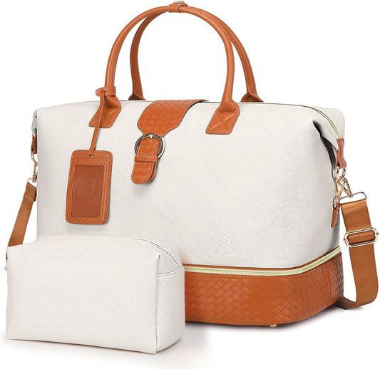 Leather Weekender Bags for Women, Travel Duffel Bag PU Overnight Bag Carry On Tote Bag with Shoe Compartment Wet Pocket