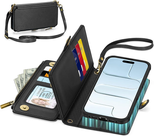 TUCCH Crossbody Detachable Wallet Case for iPhone Air 6.5" 2025, 9 Card Slots RFID Blocking | Wireless Charging | Wrist Strap | Lanyard | Stand | Zipper Pocket | PU Leather Shockproof Cover | Black