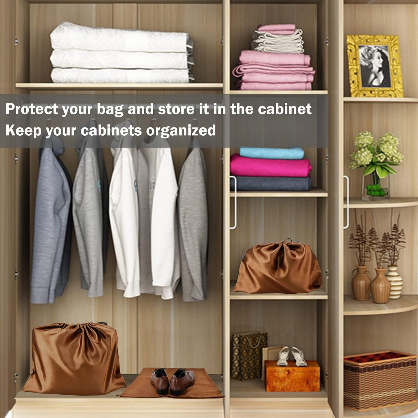 6 Pack Dust Bags for Handbags Silk Dust Cover Bag for Handbags Purses Shoes Boots, Silk Dustproof Drawstring Bag Travel Storage Pouch (Brown, 23.6 × 19.6 in)