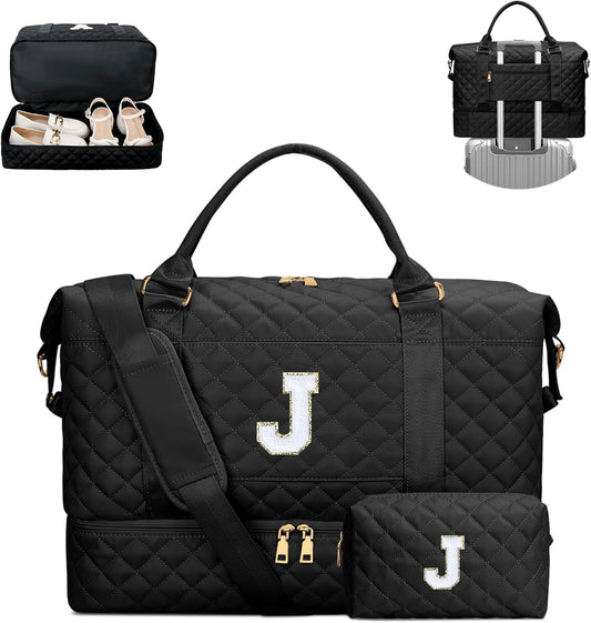 Gifts for Women Girls Initial Travel Duffle Bag Quilted Weekender Carry-On Overnight with Cosmetic Bag, Gym Bag with Shoe Compartment Hospital Bag for Labor Delivery, Black J